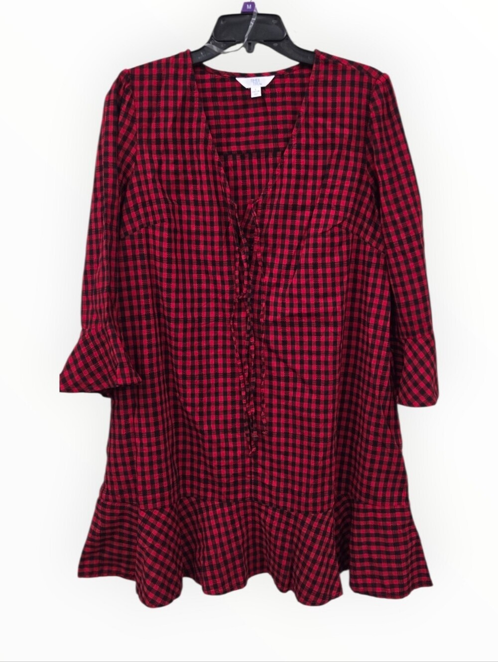 Time & Tru Red and Black Plaid Dress with Ruffle Hem